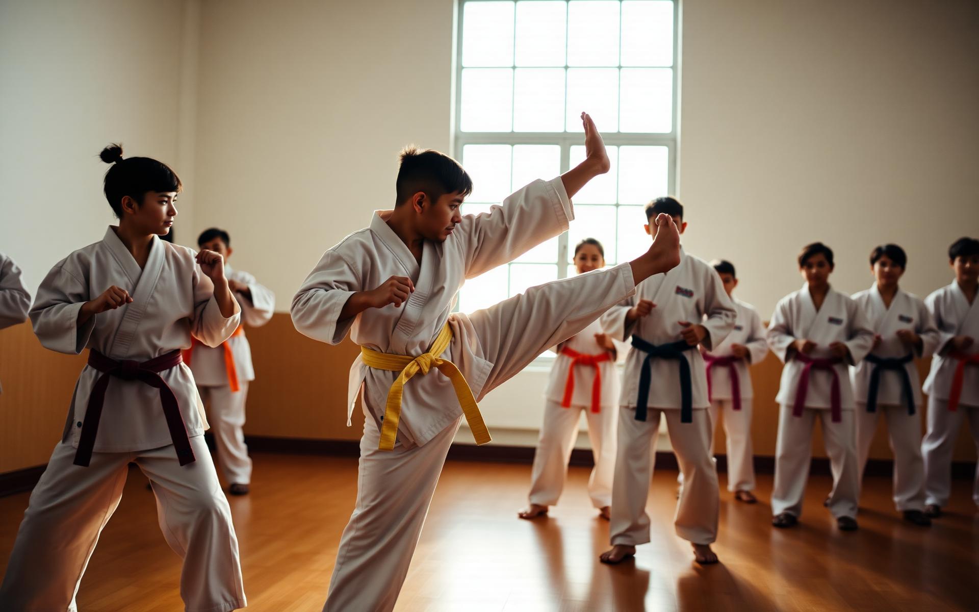 Students practicing Songahm Taekwondo kicks in the Rise Martial Arts dojang